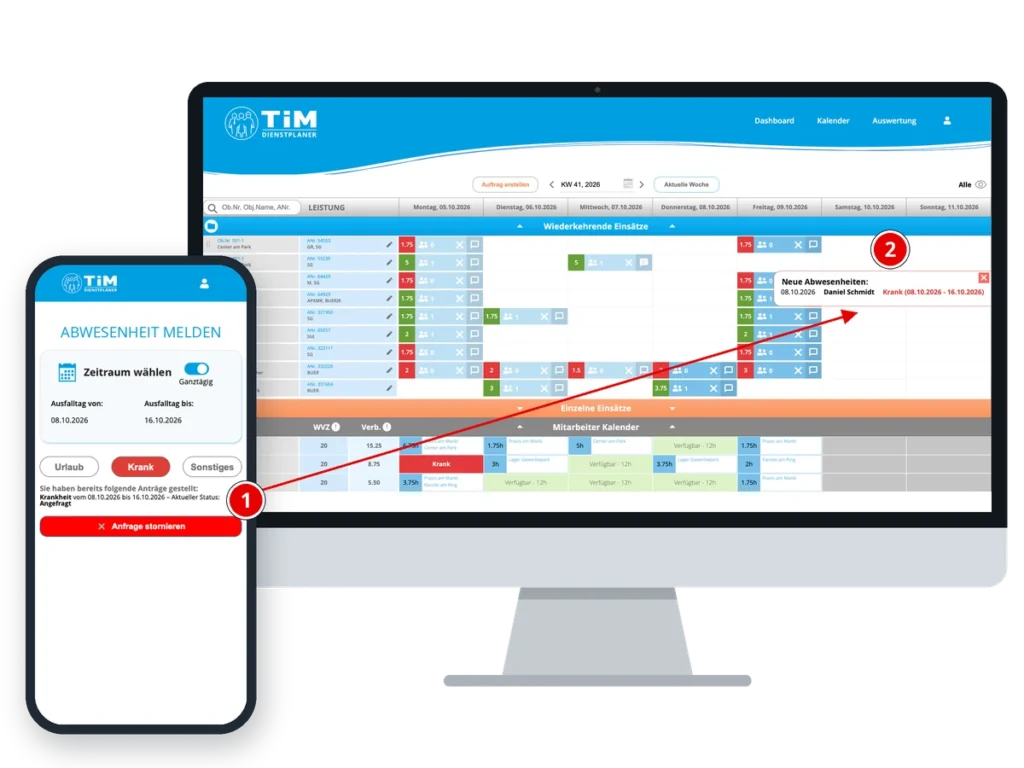 TiM: Krankmeldung per App, im Kalender sofort als neue Abwesenheit sichtbar