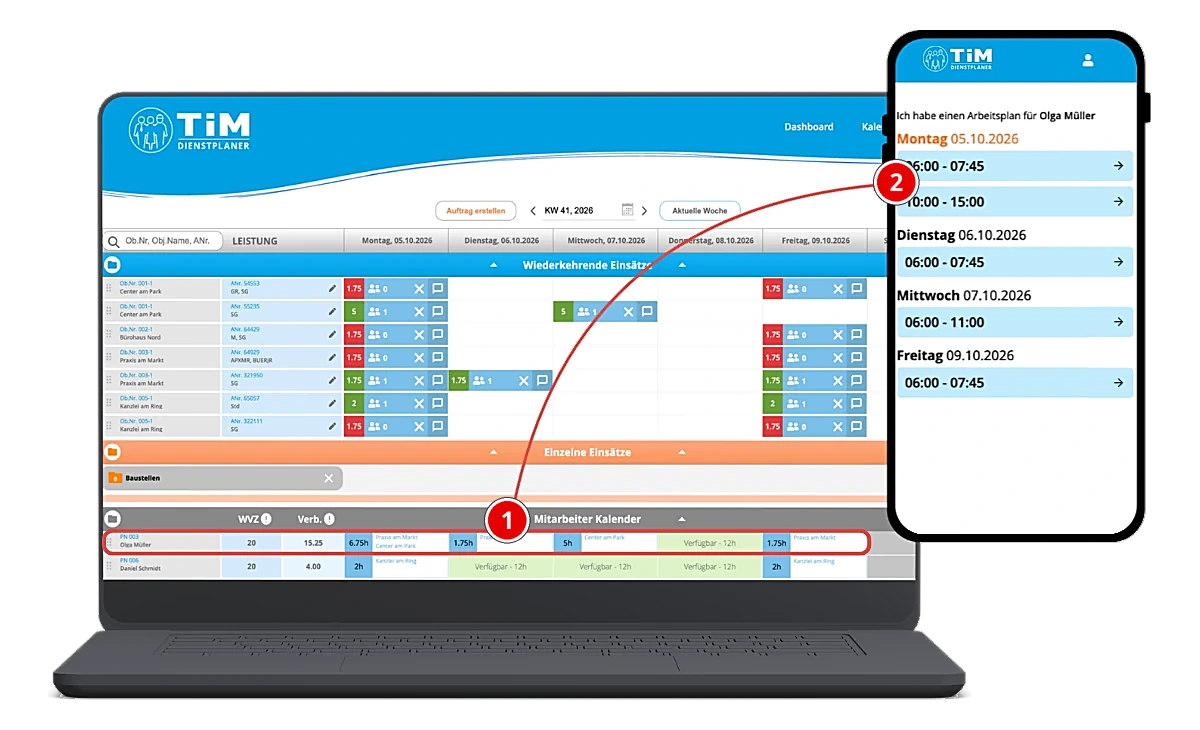 TiM Mitarbeiterplan am Computer und im Telefon